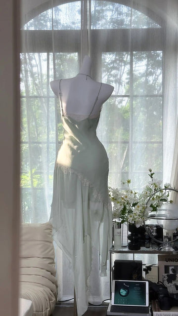 Light Green Sheath Spaghetti Strap Lace Chiffon Short Homecoming Dress Wedding Guest Dress HZ1023
